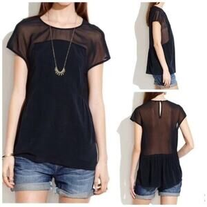 Madewell Horizonline Blouse Sheer Short Sleeve Peplum Top 100% Silk Black Small